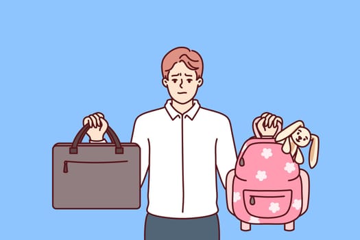 Man is trying to make choice between family and career, showing business briefcase and children school bag. Concept of difficult choices to achieve harmony and balance in career or parenting
