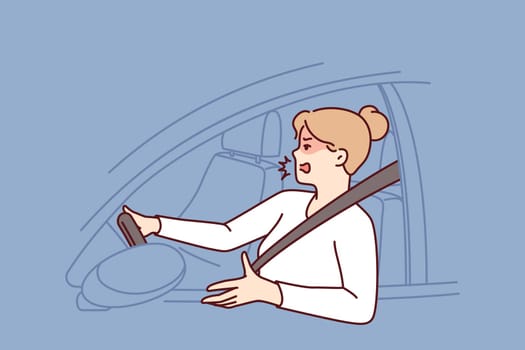 Woman driver got into traffic jam on road and swears feeling furious due to being late for work. Girl driving car during traffic jam on highway is angry at perpetrators of situation