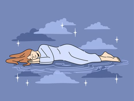 Calm woman lying sleeping in space among stars. Relaxed girl enjoying peaceful sleep in dark night sky. Daydreaming and relaxation. Vector illustration.
