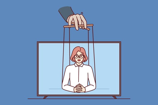 Manipulator hand over television female reporter telling fake news from tv screen to mislead and spread misinformation. Shadow government manipulator concept and world conspiracy to control via tv
