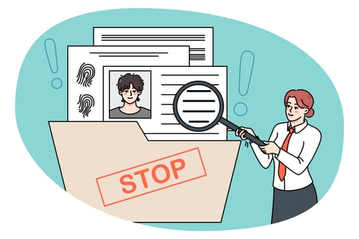 Businesswoman with magnifier explore job candidate cv for open vacancy. Female recruiter or employer look for applicants. Employment and hiring concept. Vector illustration.