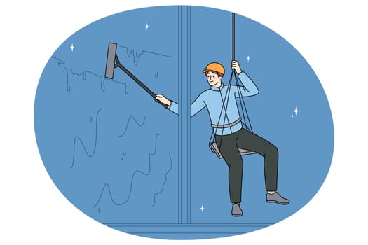 Male worker on safety ropes cleaning windows of office building. Man alpinist or industrial climber work on cables, climb onto surface. Occupation and profession. Vector illustration.