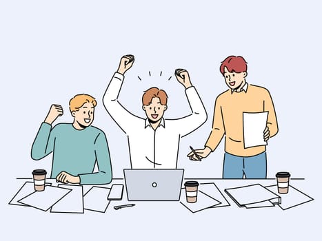 Smiling male employees work on laptop celebrate online win in office. Happy colleagues triumph with work achievement or success. Vector illustration.