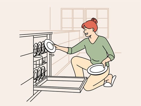 Smiling woman unloading dishwashing machine. Happy housewife put dirty plates into dishwasher at home kitchen. Household and chores concept. Vector illustration.