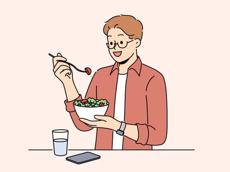 Smiling man eat vegetable salad drink clear water. Happy male follow healthy diet care about nutrition. Vector illustration.