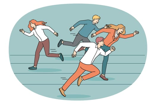 Weak woman employee refuse compete in race with colleagues or coworkers. Unmotivated female surrender from contest, fail quit life competition or game. Loser. Vector illustration.