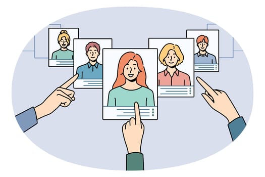 Hands choose digital CV of work candidates or applicants in app. Employer or recruiter make decision on resume of people seek for job. Employment and recruitment. Vector illustration.