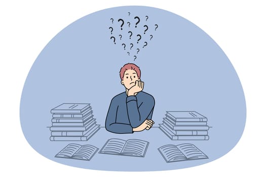 Pensive guy suit at desk studying thinking or pondering of problems finding solution. Thoughtful man with books feel frustrated daydreaming or planning. Dilemma. Vector illustration.