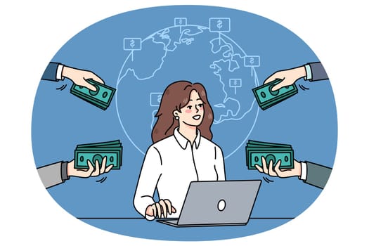 Successful businesswoman work online on computer get contracts around the world. Female freelancer get money or financial compensation for web job. Freelance. Vector illustration.