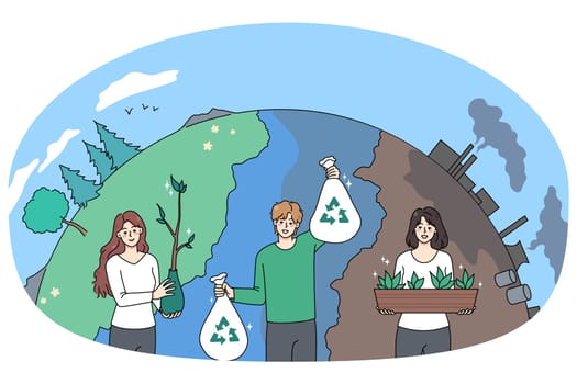 Smiling diverse volunteers clean planet from pollution and waste take care of environmental system. Caring people activists save world and earth. Environment and ecology. Vector illustration.