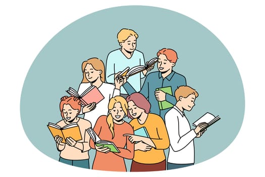 Happy diverse students with books enjoy learning together. Smiling millennial teenagers with textbooks study in group prepare for exam or test. Education and friendship. Vector illustration.