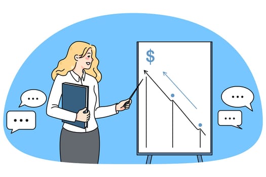 Successful businesswoman make presentation on flipchart develop business idea. Female coach or trainer present innovative startup on whiteboard. Crowdfunding. Vector illustration.