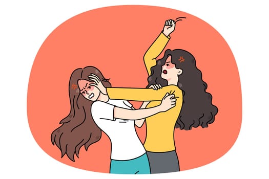 Pair of angry young women fight and quarrel. Mad teenage girls fighting pulling hair. Female conflict and problem solving with fists. Flat vector illustration.
