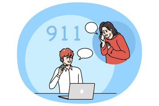 Scared woman call emergency line operator tell about health problem. Anxious unwell female dial urgent medical care unit for help or first aid. Healthcare and medicine. Vector illustration.