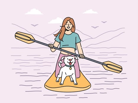 Smiling woman with cute dog sailing on paddle board in sea. Happy girl with puppy enjoy activity on SUP board in summertime. Vector illustration.