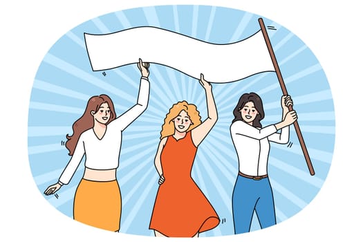 Smiling diverse women with banner for international woman day celebrate together. Happy female activists fight for feminist rights and equality. Feminism and girl power. Vector illustration.