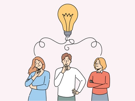 Pensive team with huge lightbulb above head brainstorm generate creative business idea together. Thoughtful businesspeople think develop strategy. Vector illustration.