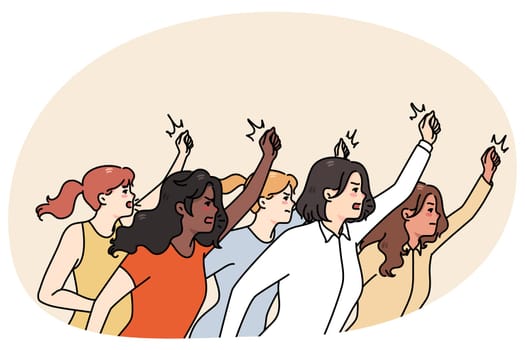 Determined women struggle for equal rights on protest or demonstration. Female activists or leaders struggle for equality. Social justice warrior, girl power and feminism. Vector illustration.