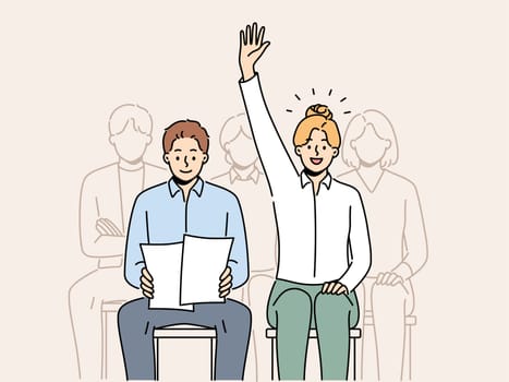 Smiling woman raise hand volunteer at team meeting in office. Confident female employee ask or answer question at seminar or conference. Vector illustration.