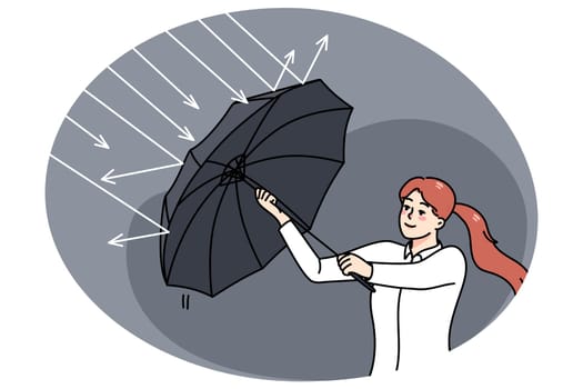 Successful businesswoman use umbrella protect from rain. Concept of investment and profit. Stock exchange and banking stability. Finances and money income. Flat vector illustration.