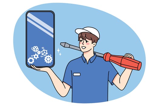 Smiling man with huge tools repair smartphone in mobile client center or shop. Male engineer fix smartphone, install or download program. Gadgets and technology. Vector illustration.