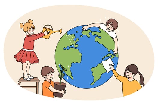 Children help save earth clean and water planet. Kids volunteers and activists saving world from industrial catastrophe. Environment and ecology protection. Flat vector illustration.