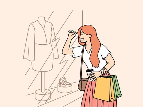 Smiling woman with bag look at showcase choosing dress. Happy female buyer look at window case buy clothes. Shopaholic and fashion. Vector illustration.