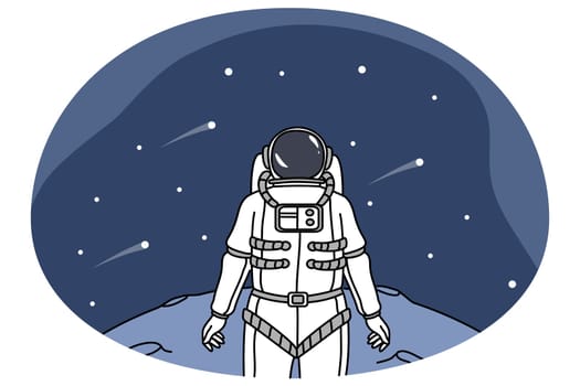 Astronaut in spacesuit explore planet in universe look in space full of stars. Cosmonaut or spaceman stand on surface of moon, have mission in open cosmos. Flat vector illustration.