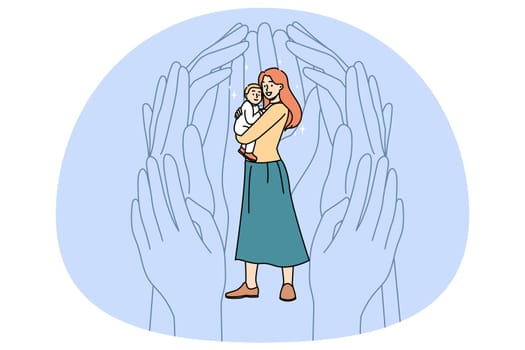 Huge hands help protect young single mother holding baby infant. Society aid and assistance for mom with small kid. Support and protection for mum, motherhood concept. Vector illustration.