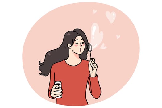 Happy young woman blow soap bubbles with heart shape. Kind girl share spread love and care. Concept of volunteering and charity. Donation and philanthropy. Flat vector illustration.