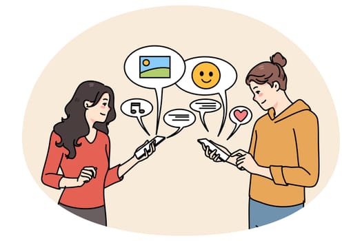 Smiling girlfriends using cellphones communicating online on social media. Happy girls chat text on internet on smartphones, send share messages on devices. Communication. Vector illustration.