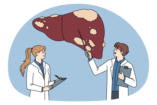 Diverse doctors in medical uniforms examine sick patient liver. Therapist make ultrasound body organ examinations. Hepatology therapy and healthcare. Flat vector illustration.