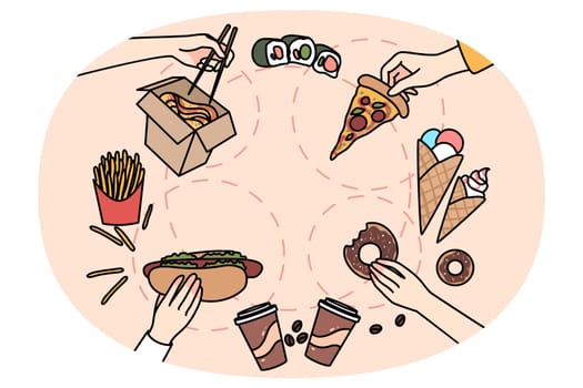 Top view of people eating various kinds of fast food. Person having fasfood meals, enjoy pizza, hotdog, sushi and donut. Unhealthy eating habit, nutrition problem. Vector illustration.