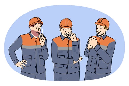 Male workers in uniforms smoking cigarette outdoors. Men builders at work have job break at construction site at special smoke place. Bad habit. Vector illustration, cartoon character.