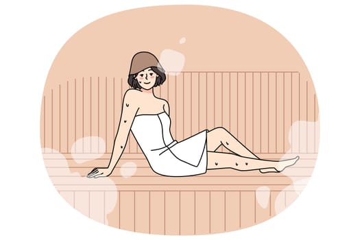 Happy young woman in towel relax in sauna enjoy bodycare procedures. Smiling girl rest in bathhouse with hot steam, take acre of health and wellness. Flat vector illustration.