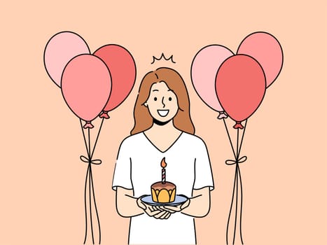 Smiling woman with cake in hands and balloons celebrate birthday. Happy girl with cupcake with candle enjoy anniversary celebration. Vector illustration.