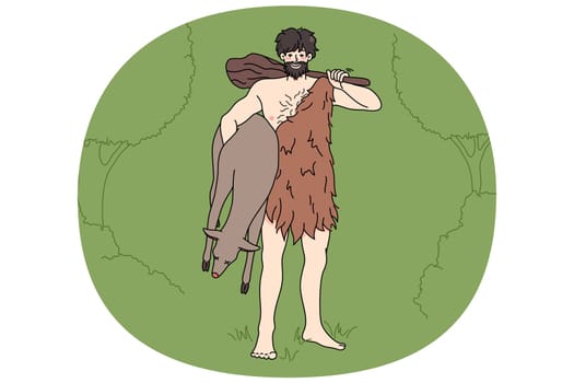 Caveman from stone age in traditional tribe clothing hold prey in hands. Primitive archaic man with cudgel. Tribal times. Flat vector illustration, cartoon character.