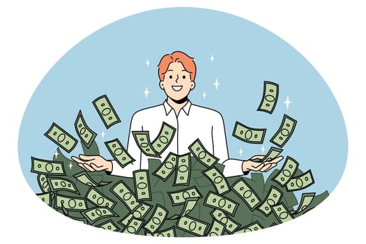 Overjoyed young businessman in stack of dollar banknotes celebrate financial success or investment. Happy man millionaire excited with money pile win lottery. Wealth and stability. Vector.