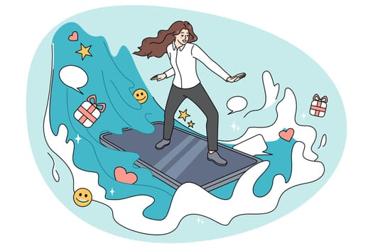 Young woman surfing internet on modern smartphone gadget. Millennial girl browsing web on cellphone. Social media and devices technology concept. Vector illustration.