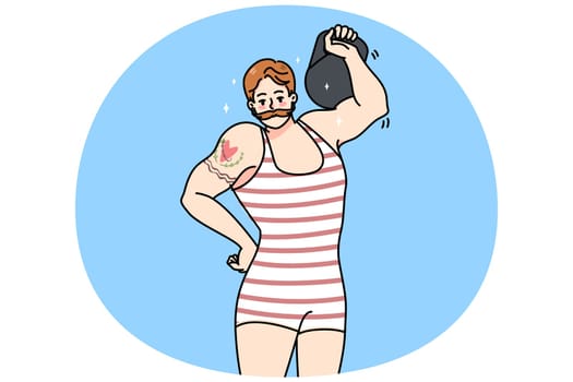 Male circus powerlifter with tattoo wear tricot lift dumbbell show power. Strongman or weightlifter perform stunt with barbell. Powerlifting performance, sport concept. Vector illustration.