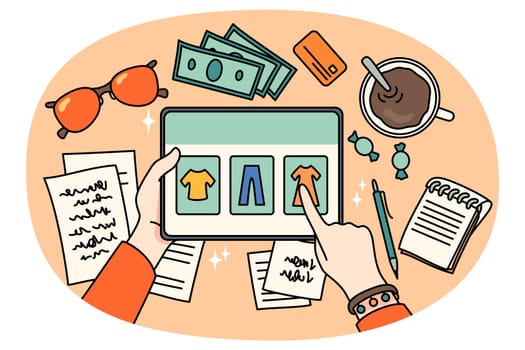 Top view closeup of person sit at table shopping online on tablet gadget. Woman buy clothing on internet on modern pad device. Web order, fashion and consumerism. Vector illustration.