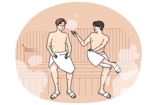 Happy male friends in towels relax in sauna on weekend together. Smiling men enjoy bathhouse relaxation, rest in spa or wellness center. Relaxation and recreation. Vector illustration.