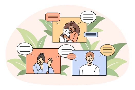 Smiling diverse people talk on video call on devices on lockdown. Happy international friends communicate via webcam event or conference. Communication and technology. Vector illustration.