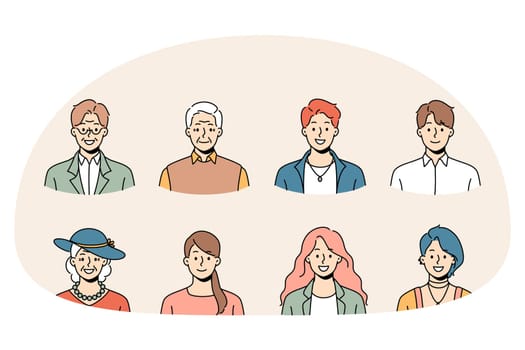 Set of diverse people of different ages and genders profile pictures. Collection of smiling young and old men and women avatar portraits and faces. Generation and diversity. Vector illustration.