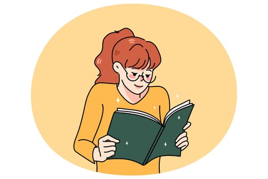Happy woman reading book engaged in interesting novel. Smiling girl enjoy literature. Bookworm or booklover concept. Education and learning. Flat vector illustration.