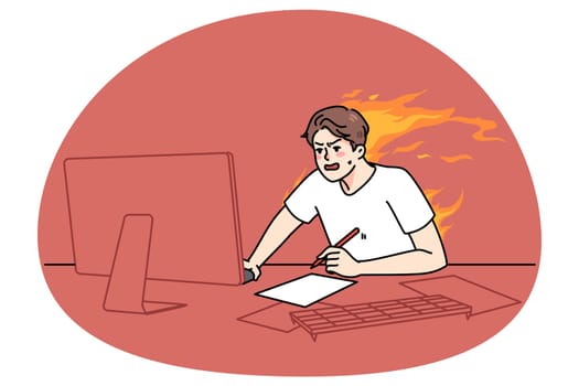 Stressed guy sit at desk work on computer try meet burning deadline. Distressed man hurry working in rush on PC finishing project. Overload and job burnout. Flat vector illustration.