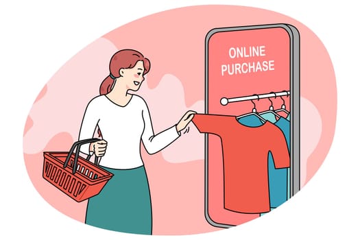 Smiling woman shopping online on app on modern smartphone. Happy female client or buyer purchase order clothes on internet using cellphone application. Consumerism. Vector illustration.