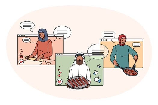 Set of diverse Arabic food bloggers on screen cooking tasty dishes on internet. Collection of arab influencers prepare traditional national meal, have class on web. Flat vector illustration.