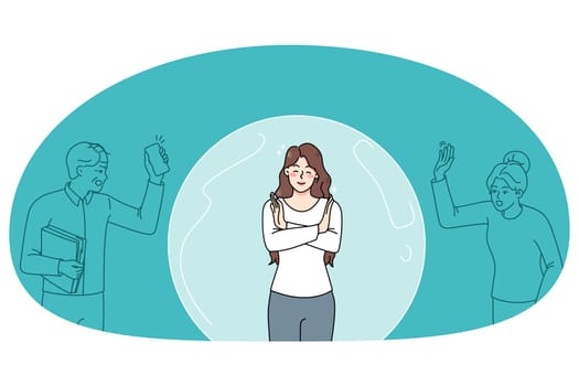 Happy young woman inside bubble ignore angry people arguing. Smiling girl separated from crowd or society. Social isolation and distraction concept. Flat vector illustration.