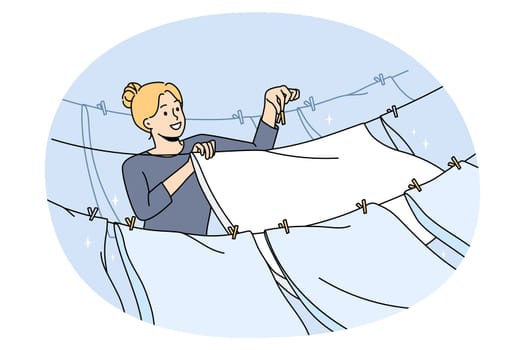 Smiling young housewife hang wet clothes on rope outdoors. Happy woman do household chores let clothing dry on air on clothespin. Housekeeping and domestic routine. Vector illustration.
